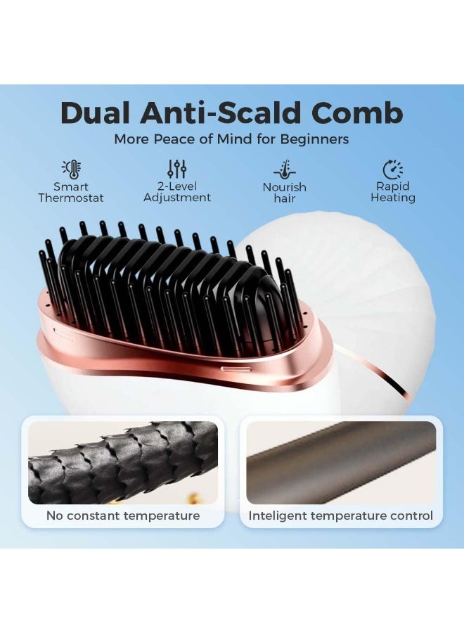 عام مكواة فرد الشعر الصغيرة، مشط تمليس الشعر المحمول الجديد القابل لإعادة الشحن لاسلكيًا، تسخين سريع مع ثلاثة عناصر تحكم في درجة الحرارة، مشط سفر مقاوم للحرارة (أبيض) - Image 2